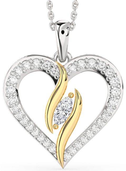 Large Diamond Gold Silver Heart Necklace