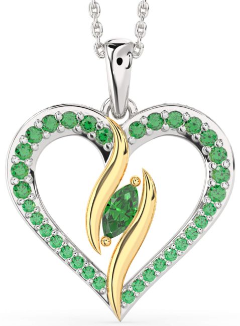 Large Emerald Gold Silver Heart Necklace