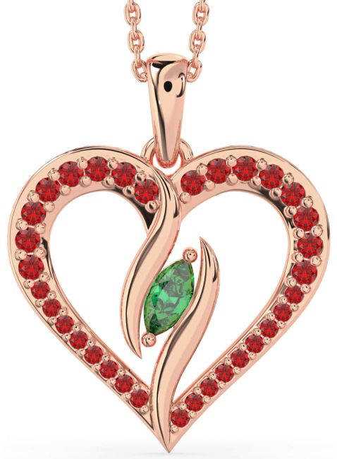 Large Emerald & Ruby Rose Gold Heart Necklace