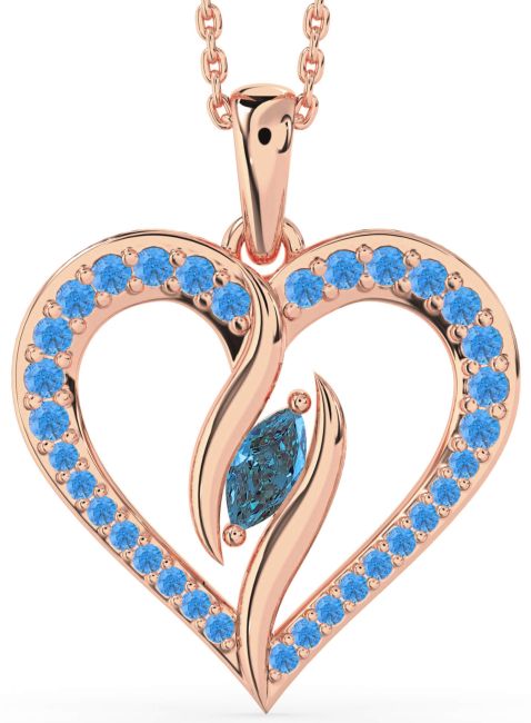 Large London Blue Topaz & Swiss Blue Topaz Rose Gold Heart Necklace