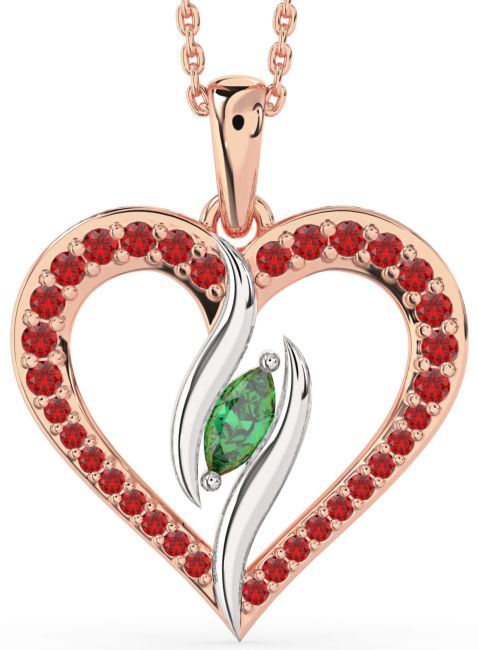 Large Emerald & Ruby Rose Gold Silver Heart Necklace