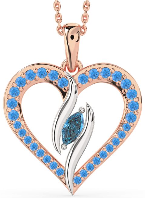 Large London Blue Topaz & Swiss Blue Topaz Platinum & Rose Gold Heart Necklace
