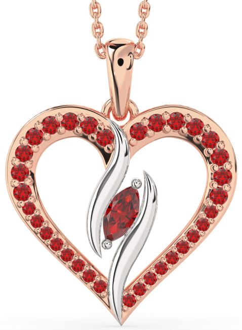 Large Ruby Rose Gold Silver Heart Necklace