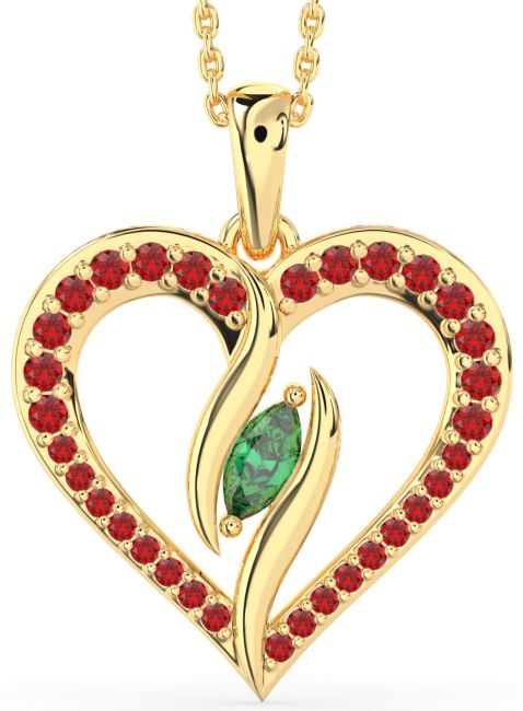 Large Emerald & Ruby Gold Heart Necklace