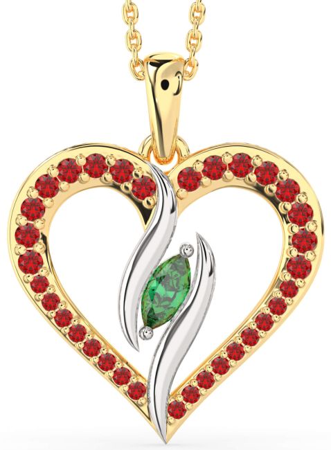 Large Emerald & Ruby Gold Silver Heart Necklace