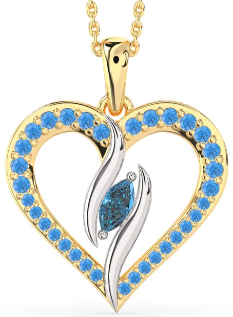 Large London Blue Topaz & Swiss Blue Topaz White Yellow Gold Heart Necklace