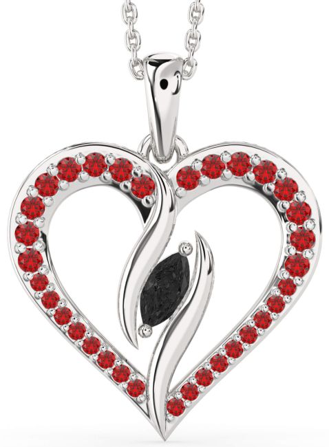 Large Black Diamond & Ruby Silver Heart Necklace
