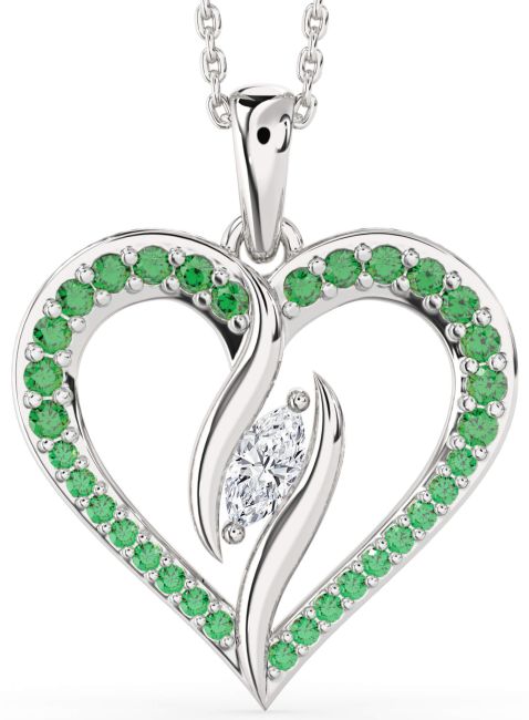 Large Emerald & Diamond Silver Heart Necklace