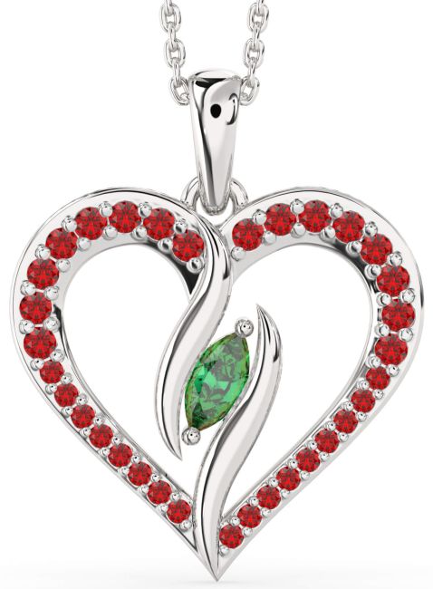 Large Emerald & Ruby Silver Heart Necklace