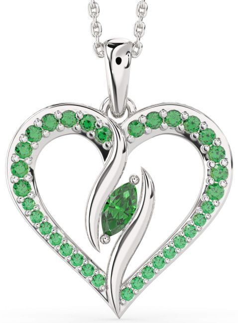 Large Emerald Silver Heart Necklace