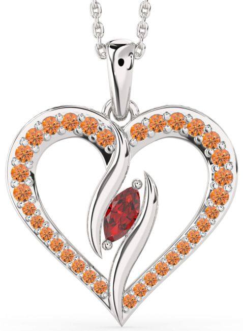 Large Ruby & Citrine Silver Heart Necklace