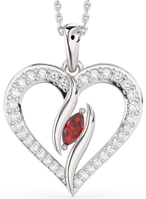 Large Diamond & Ruby Silver Heart Necklace