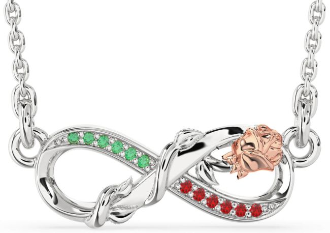 Emerald & Ruby Platinum & Rose Gold Infinity Flower Necklace