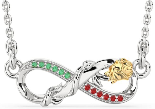 Emerald & Ruby Gold Silver Infinity Flower Necklace