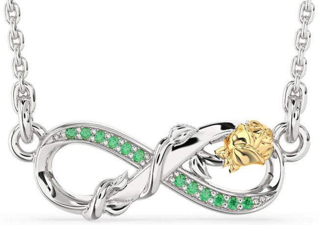 Emerald Gold Silver Infinity Flower Necklace