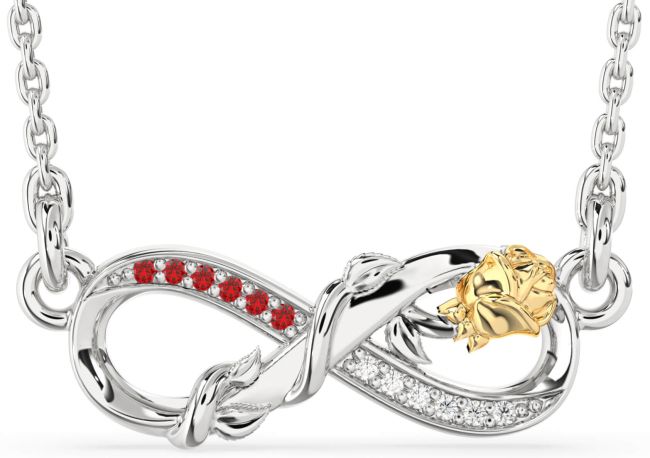Diamond & Ruby Gold Silver Infinity Flower Necklace