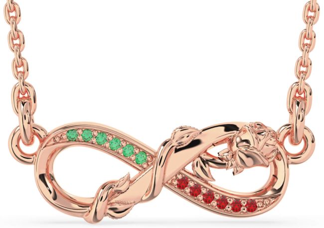Emerald & Ruby Rose Gold Infinity Flower Necklace