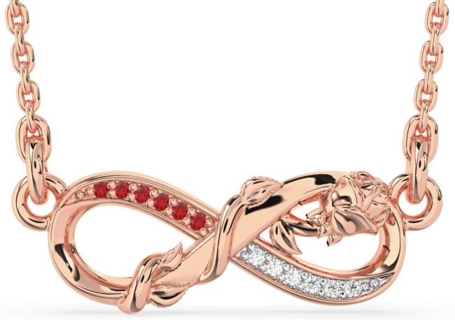 Diamond & Ruby Rose Gold Infinity Flower Necklace