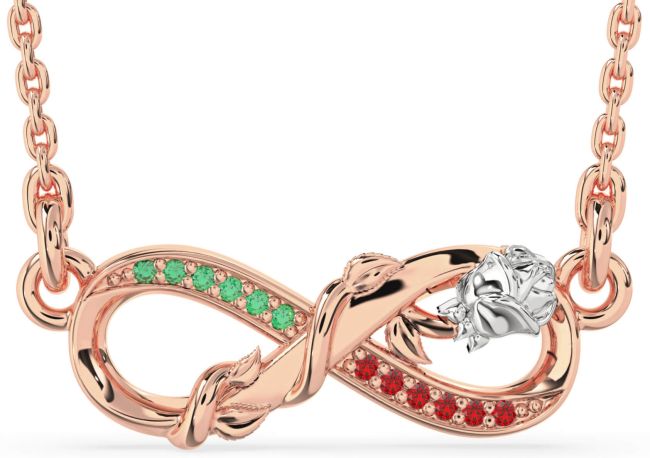 Emerald & Ruby Rose Gold Silver Infinity Flower Necklace