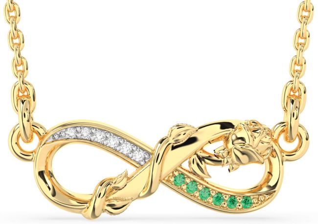 Emerald & Diamond Gold Silver Infinity Flower Necklace