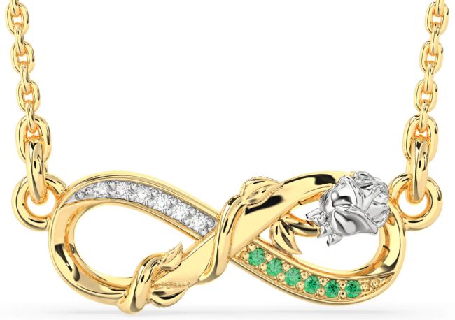 Emerald & Diamond Gold Silver Infinity Flower Necklace