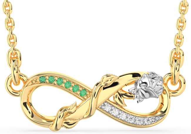 Diamond & Emerald Gold Silver Infinity Flower Necklace