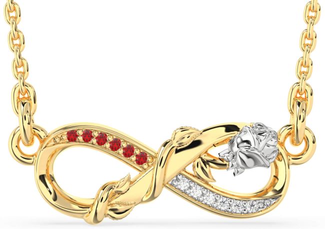 Diamond & Ruby Gold Silver Infinity Flower Necklace