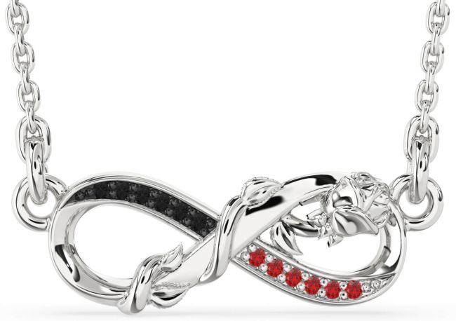 Black Diamond & Ruby Silver Infinity Flower Necklace