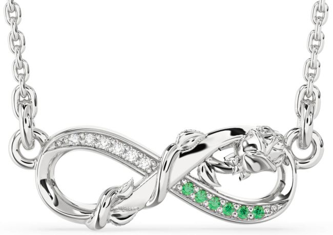 Emerald & Diamond Silver Infinity Flower Necklace