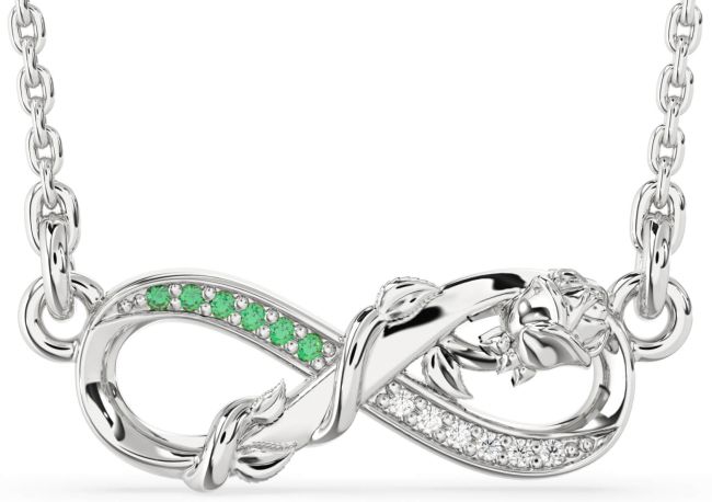 Diamond & Emerald Silver Infinity Flower Necklace