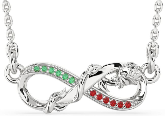 Emerald & Ruby Silver Infinity Flower Necklace