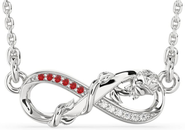 Diamond & Ruby Silver Infinity Flower Necklace