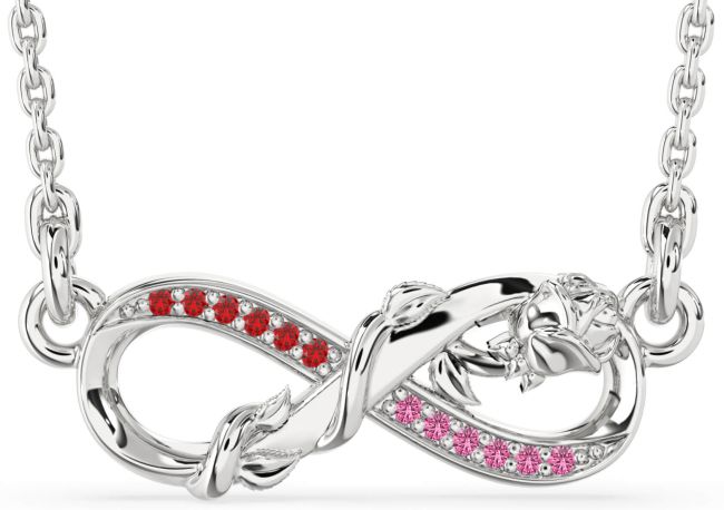 Ruby & Pink Sapphire Silver Infinity Flower Necklace