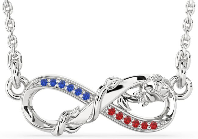Blue Sapphire & Ruby Silver Infinity Flower Necklace