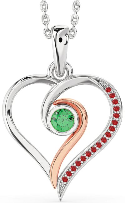 Emerald & Ruby White Rose Gold Heart Necklace