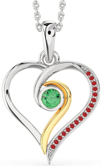 Emerald & Ruby Gold Silver Heart Necklace