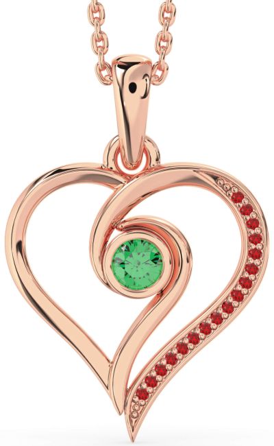 Emerald & Ruby Rose Gold Heart Necklace