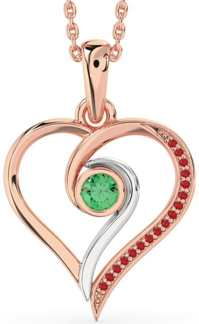 Emerald & Ruby Rose Gold Silver Heart Necklace