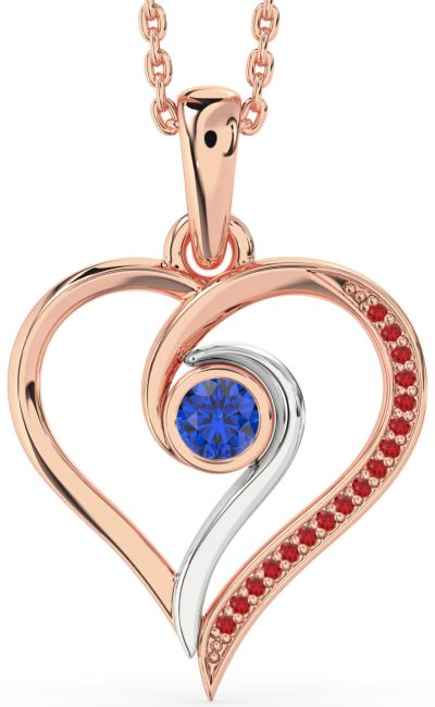 Blue Sapphire & Ruby Platinum & Rose Gold Heart Necklace