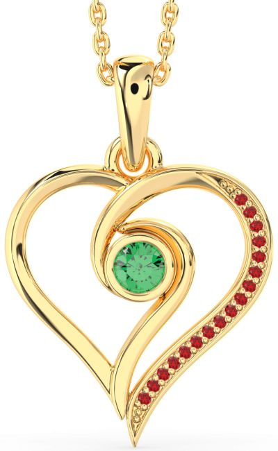 Emerald & Ruby Gold Silver Heart Necklace