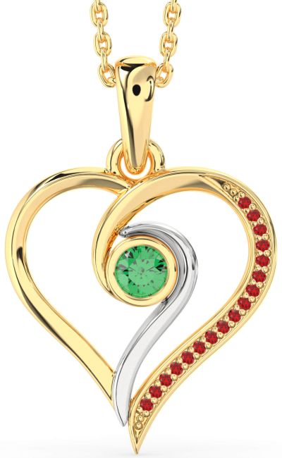 Emerald & Ruby Gold Silver Heart Necklace