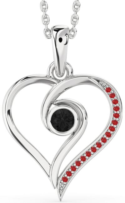 Black Diamond & Ruby Silver Heart Necklace