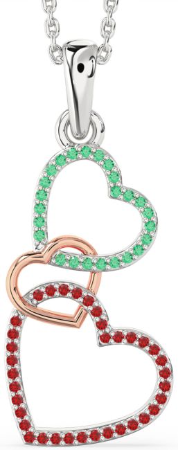 Emerald & Ruby Rose Gold Silver Heart Necklace
