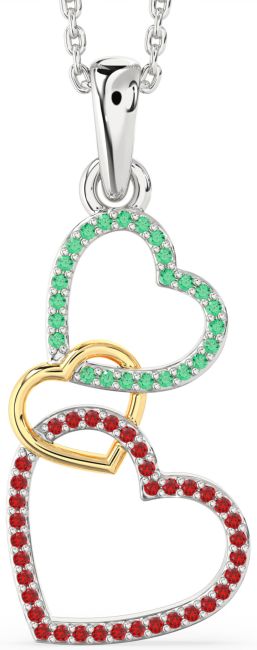 Emerald & Ruby Gold Silver Heart Necklace