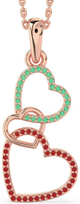 Emerald & Ruby Rose Gold Heart Necklace