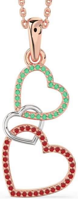 Emerald & Ruby Rose Gold Silver Heart Necklace