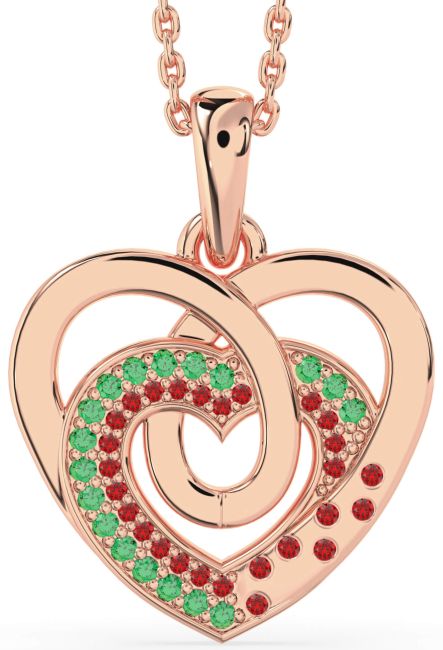 Emerald & Ruby Rose Gold Heart Necklace