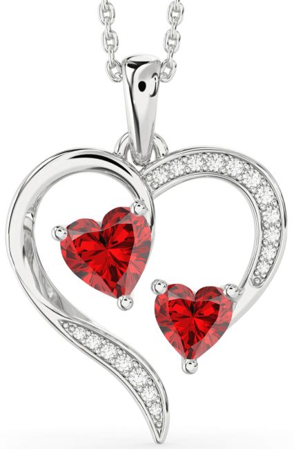 Diamond Ruby Silver Heart Birthstone Necklace