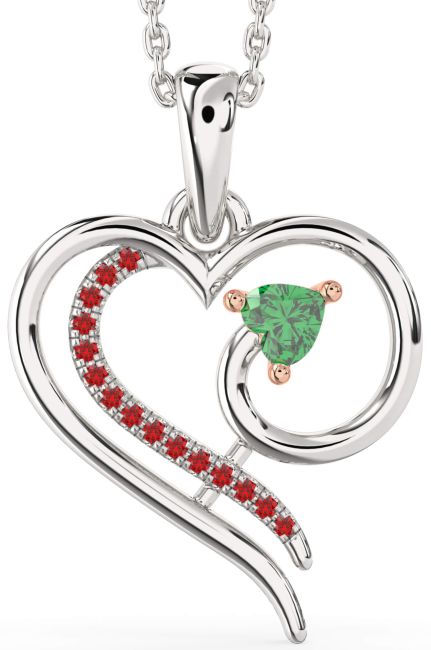 Emerald & Ruby Silver & 10K Rose Gold Heart Necklace