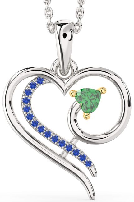 Emerald & Blue Sapphire Platinum & Yellow Gold Heart Necklace